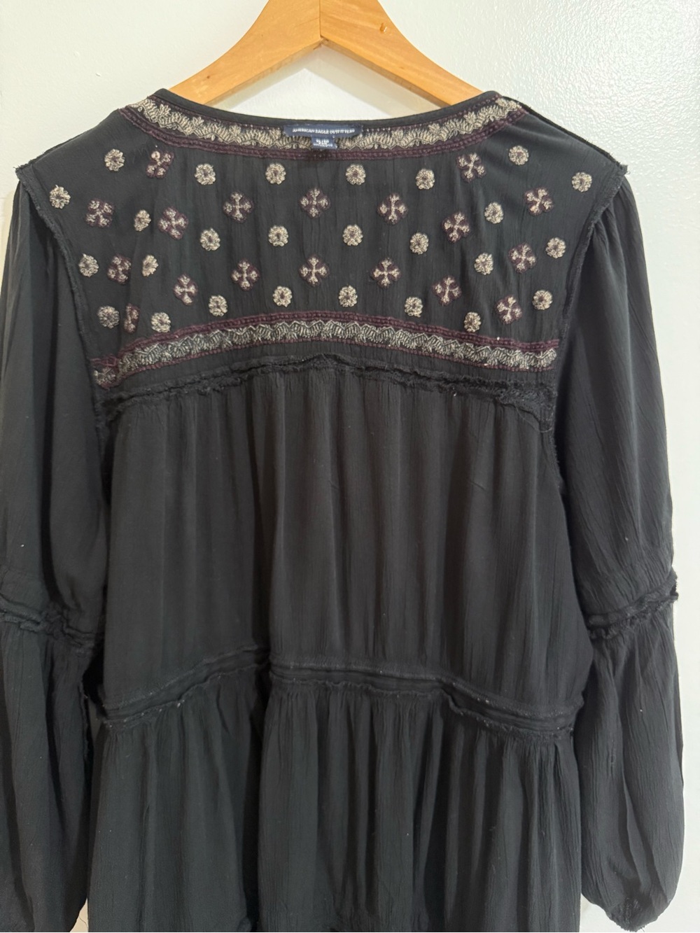 American Eagle Black Embroidered Boho Babydoll Mini Dress XL - Picture 8 of 13